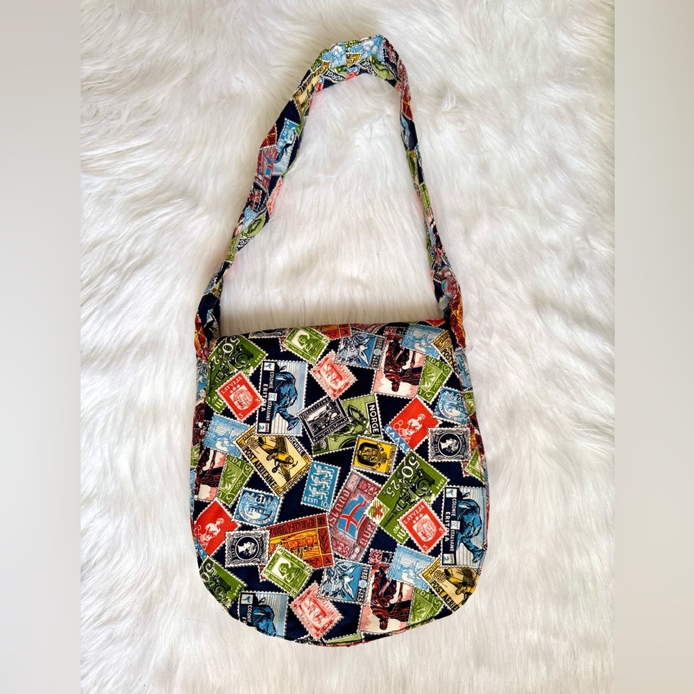 Vintage Postage Stamp Print Shoulder Bag Multicolor Travel-Inspired Handmade - Picture 11 of 11
